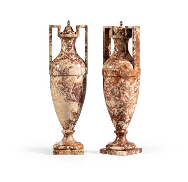 View full screen - View 1 of Lot 137. A pair of neoclassical style rouge Languedoc marble urns | Paire de grandes urnes couvertes en marbre rouge du Languedoc de style néoclassique.