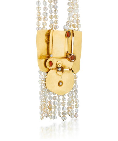 View full screen - View 1 of Lot 133. Sautoir perles keshi, opales de feu et diamants | Keshi pearls, fire opal and diamond sautoir.