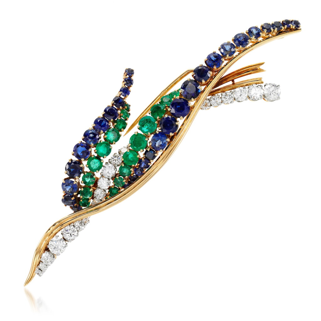View full screen - View 1 of Lot 46. Sapphire, emerald and diamond brooch, 1960s.