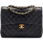 Black Lambskin Tall Double Flap Gold Hardware, 1980-1984