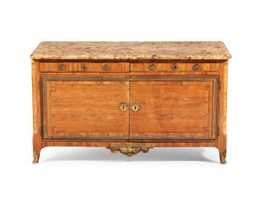 View full screen - View 1 of Lot 86. A Louis XVI gilt-bronze mounted tulipwood and amaranth commode, stamped C.C Saunier and JME, circa 1780 | Commode à portes en placage de bois de rose et amarante et bronze doré d'époque Louis XVI, estampillée C.C. Saunier et JME, vers 1780.