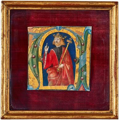View full screen - View 1 of Lot 9. A King and a Saint, historiated initials ‘A’ or ‘N’ and ‘U’ from a Choirbook on vellum, illuminated by an unknown Master | Italy | c.1490-1500..