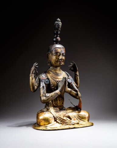 View full screen - View 1 of Lot 103. A large copper-alloy repoussé figure of Sadaksari Avalokiteshvara, Inner Mongolia, probably Dolonor, 18th century | 內蒙古 或多洛諾 十八世紀 銅合金四臂觀世音菩薩坐像.