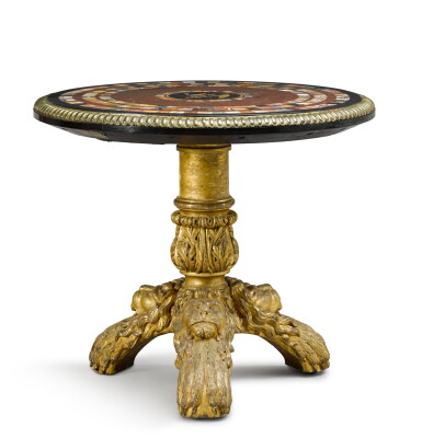 View full screen - View 1 of Lot 50. A George IV carved giltwood table with an Italian specimen marble top, first half 19th century.