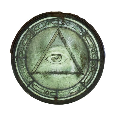 View full screen - View 1 of Lot 31. RARE MASONIC ROUND STAINED GLASS WINDOW, 19TH CENTURY.