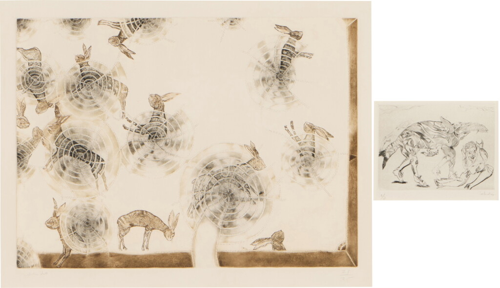 Voir en plein écran - Voir 1 du lot 394. The Rabbits in Pinwheels (i) & Animal with Fish (ii): Two Works.