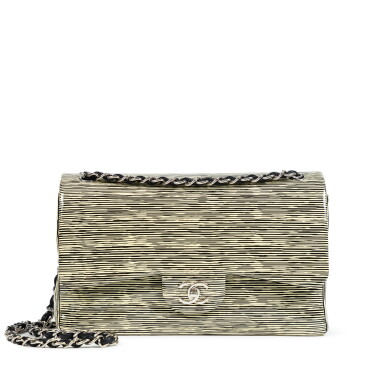 View full screen - View 1 of Lot 401. Black and Beige Striped Patent Leather Timeless Classic Jumbo Double Flap Silver Hardware, 2013-2014.