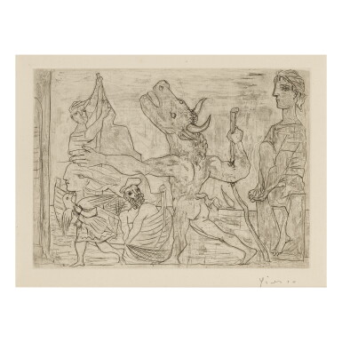 View full screen - View 1 of Lot 156. PABLO PICASSO | MINOTAURE AVEUGLE GUIDÉ PAR UNE PETITE FILLE AU PIGEON (B. 224; BA. 436).