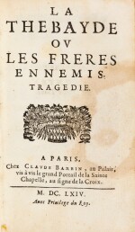 Œuvres. Paris, Barbin, 1673. In-12. Basane de l'époque. Tome I seul. Très rare recueil de quatre pièces comportant les éditions originales de "La Thebayde", d'"Andromaque" et des "Plaideurs".