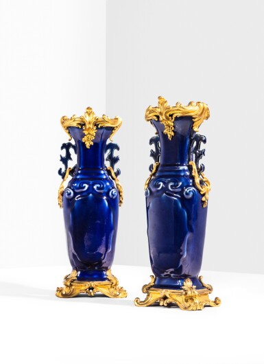View full screen - View 1 of Lot 113. A pair of Louis XV gilt-bronze mounted powder-blue chinese porcelain vases, Qianlong period (1736-1796), the mounts circa 1760, attributed to Jean-Claude Chambellan Duplessis.