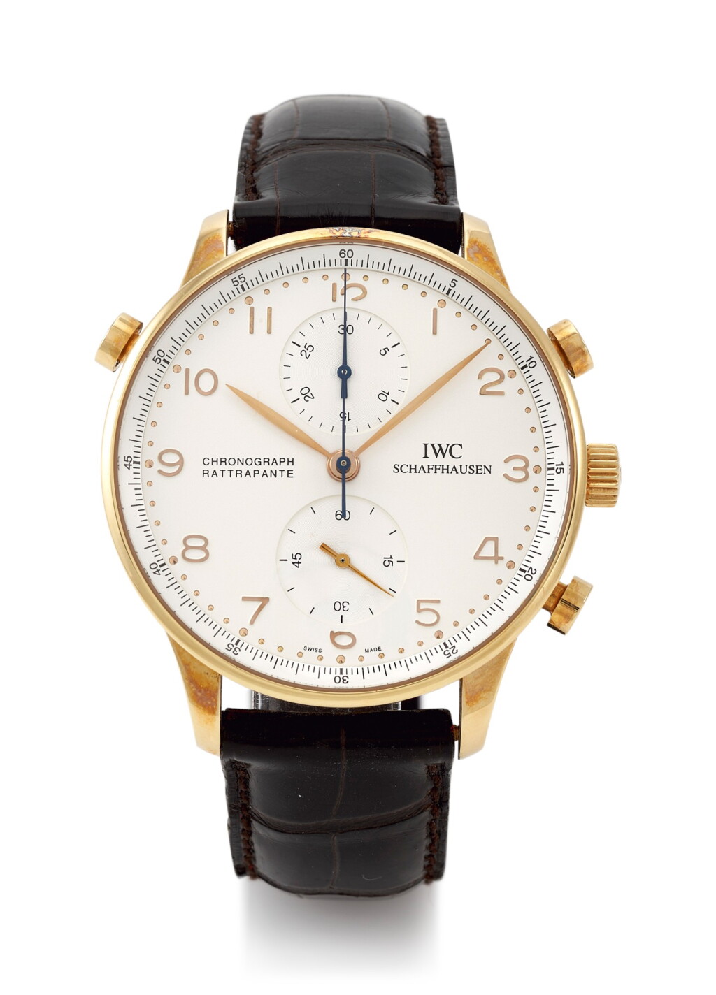 View full screen - View 1 of Lot 84. PORTUGIESER CHRONOGRAPHE A RATTRAPANTE, REFERENCE IW3712 PINK GOLD RATTRAPANTE CHRONOGRAPH WRISTWATCH (CRONOGRAFO RATTRAPPANTE IN ORO ROSA) CIRCA 2000 | IWC.