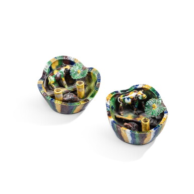 View full screen - View 1 of Lot 794. A pair of sancai and blue-glazed incense holders, Qing dynasty, Kangxi period.