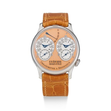 View full screen - View 1 of Lot 83. F.P. JOURNE | CHRONOMETRE A RESONANCE, AN EARLY PLATINUM DUAL TIME ZONE WRISTWATCH WITH POWER RESERVE INDICATION AND BRASS MOVEMENT, CIRCA 2002.
