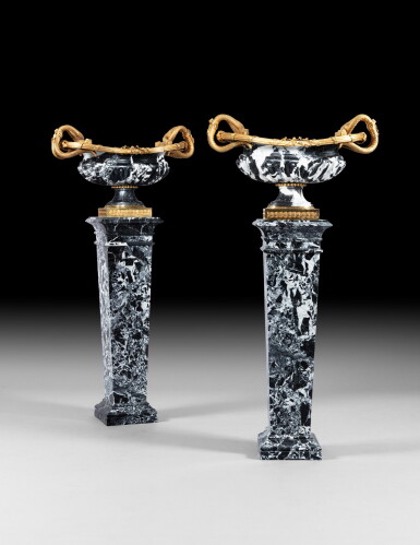View full screen - View 1 of Lot 136. A pair of Louis XV style gilt-bronze mounted marble "Choiseul" vases | Paire de vases "Choiseul" en marbre grand Antique et monture en bronze doré de style Louis XV.