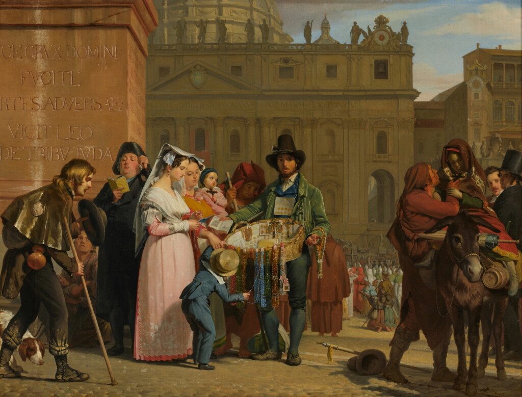 View full screen - View 1 of Lot 108. A pedlar outside St. Peter's Basilica, Rome, selling rosaries and other devotional objects | Ein Hausierer vor dem Petersdom verkauft Rosenkränze und andere Devotionalien .
