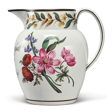 View full screen - View 1 of Lot 825. A DATED ENGLISH PEARLWARE JUG, 1808.