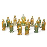 A set of twelve Chinese sancai-glazed pottery figures with zodiac animals and a seated scholar, Ming dynasty