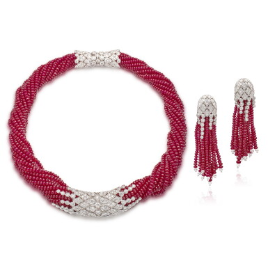 View full screen - View 1 of Lot 1810. RUBY AND DIAMOND DEMI-PARURE | 紅寶石 配 鑽石 項鏈 及 耳環 套裝.