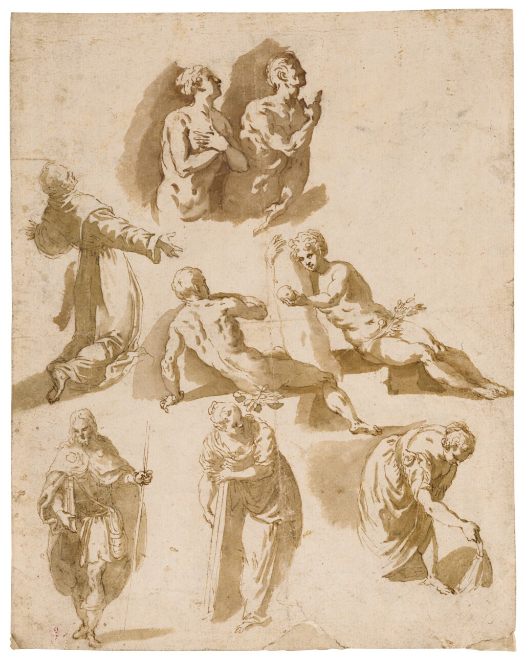View full screen - View 1 of Lot 32. JACOPO PALMA, CALLED PALMA IL GIOVANE | A SHEET OF STUDIES AFTER TINTORETTO, INCLUDING THE TEMPTATION OF ADAM AND EVE.
