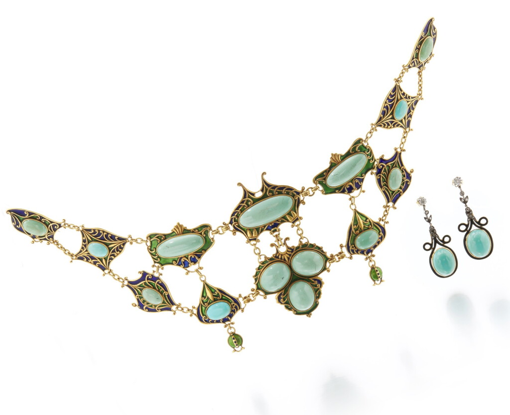 View full screen - View 1 of Lot 33. Enamel, turquoise devant de corsage and a pair of earrings (Devant de corsage in smalto, turchesi e un paio di orecchini).
