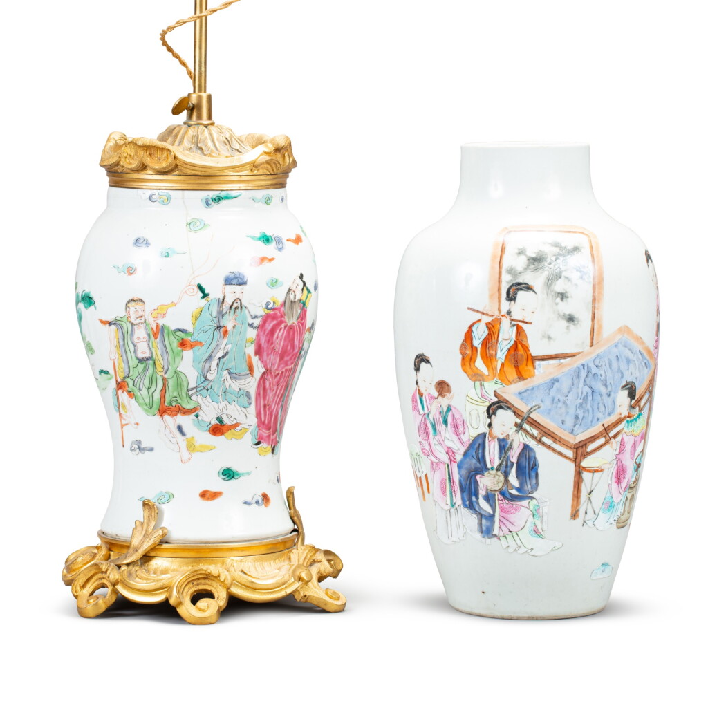 View full screen - View 1 of Lot 230. A group of two famille rose vases Qing dynasty, 18th and 18th-19th century | 清十八及十八至十九世紀 粉彩人物故事圖瓶一組兩件.