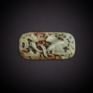 View full screen - View 1 of Lot 6897. A celadon jade 'goose' belt plaque, Yuan dynasty | 元 青玉春水圖帶飾.