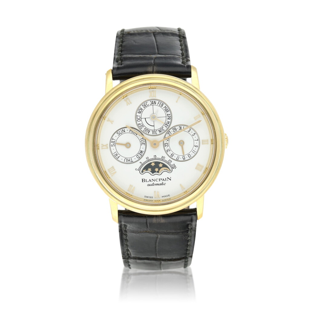 View full screen - View 1 of Lot 57. Reference 5495-1418-55 Villeret A yellow gold perpetual calendar wristwatch with moon phases, Circa 1995.