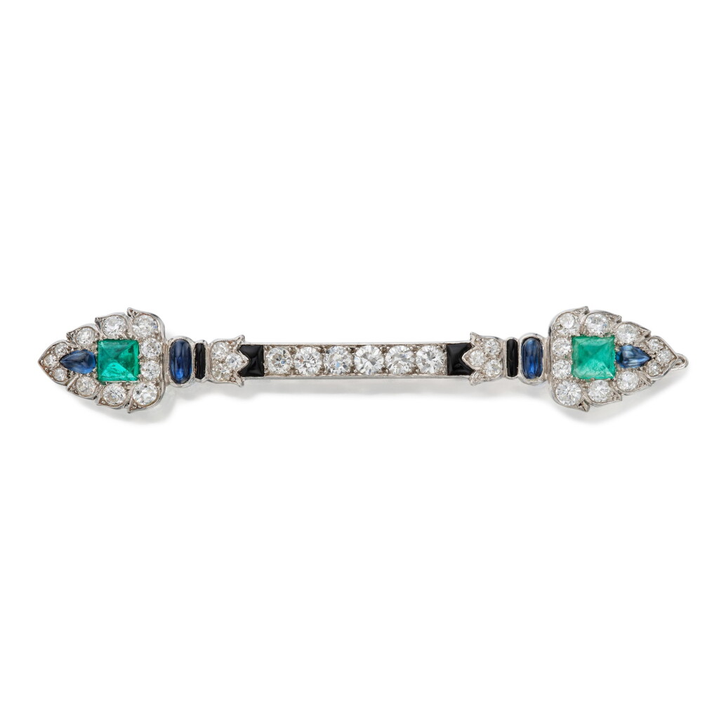 View full screen - View 1 of Lot 9. Emerald, Sapphire, Onyx and Diamond Pin, Paris.