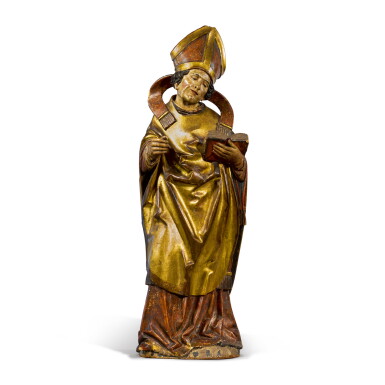 View full screen - View 1 of Lot 735. A SOUTH GERMAN POLYCHROME WOOD BISHOP SAINT HOLDING AN OPEN BOOK, CIRCA 1500.