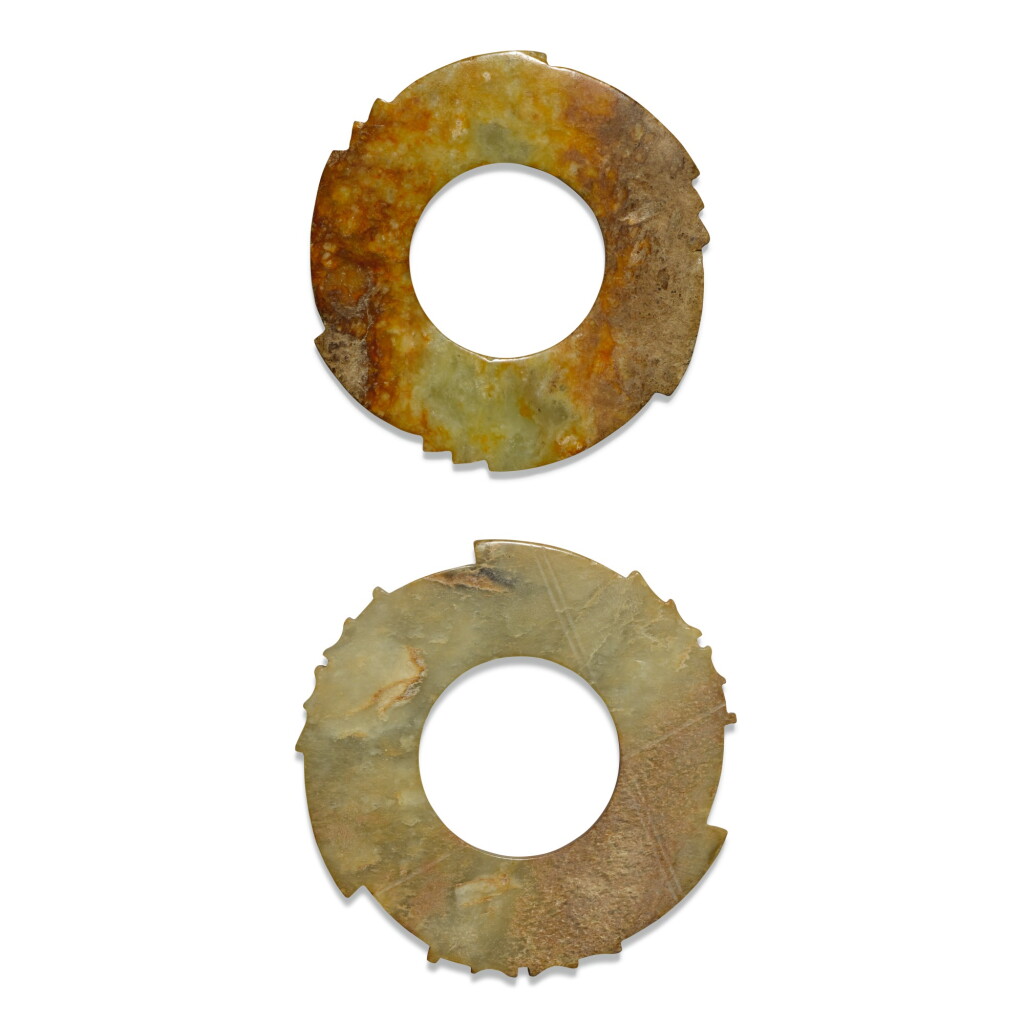 View full screen - View 1 of Lot 105. TWO JADE DISCS, XUANJI, LATE NEOLITHIC PERIOD - SHANG DYNASTY | 新石器時代晚期至商 玉璇璣一組兩件.