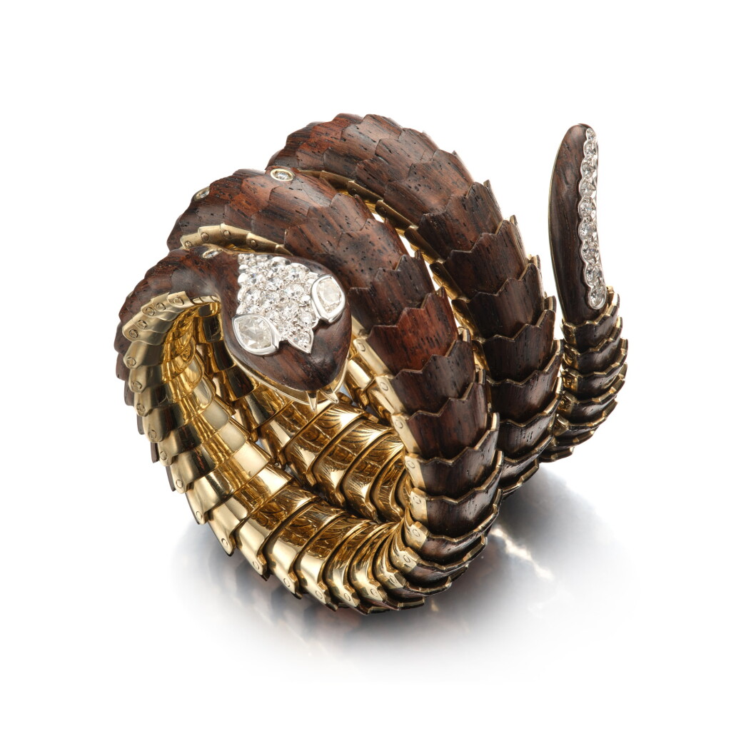 View full screen - View 1 of Lot 471. Gold, Wood and Diamond Bracelet.