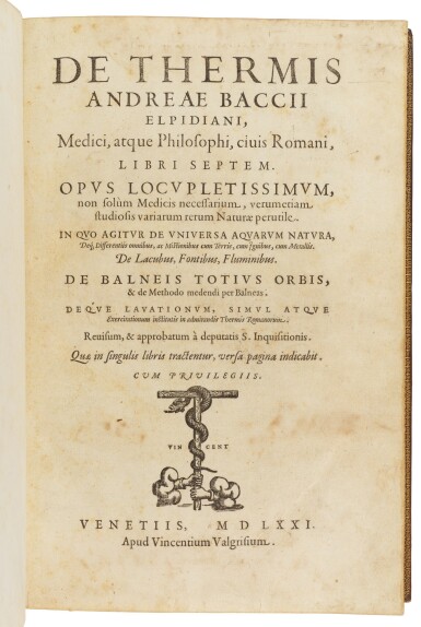 View full screen - View 1 of Lot 28. Bacci, De thermis, Venice, 1571, eighteenth-century calf.