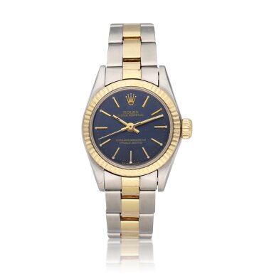 View full screen - View 1 of Lot 69. Reference 67193 Oyster Perpetual | A stainless steel and yellow gold automatic wristwatch with bracelet, Circa 1991.