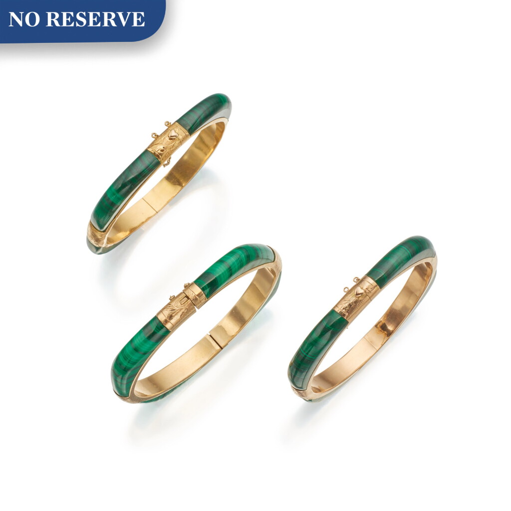 View full screen - View 1 of Lot 369. Three Malachite Bangle-Bracelets.