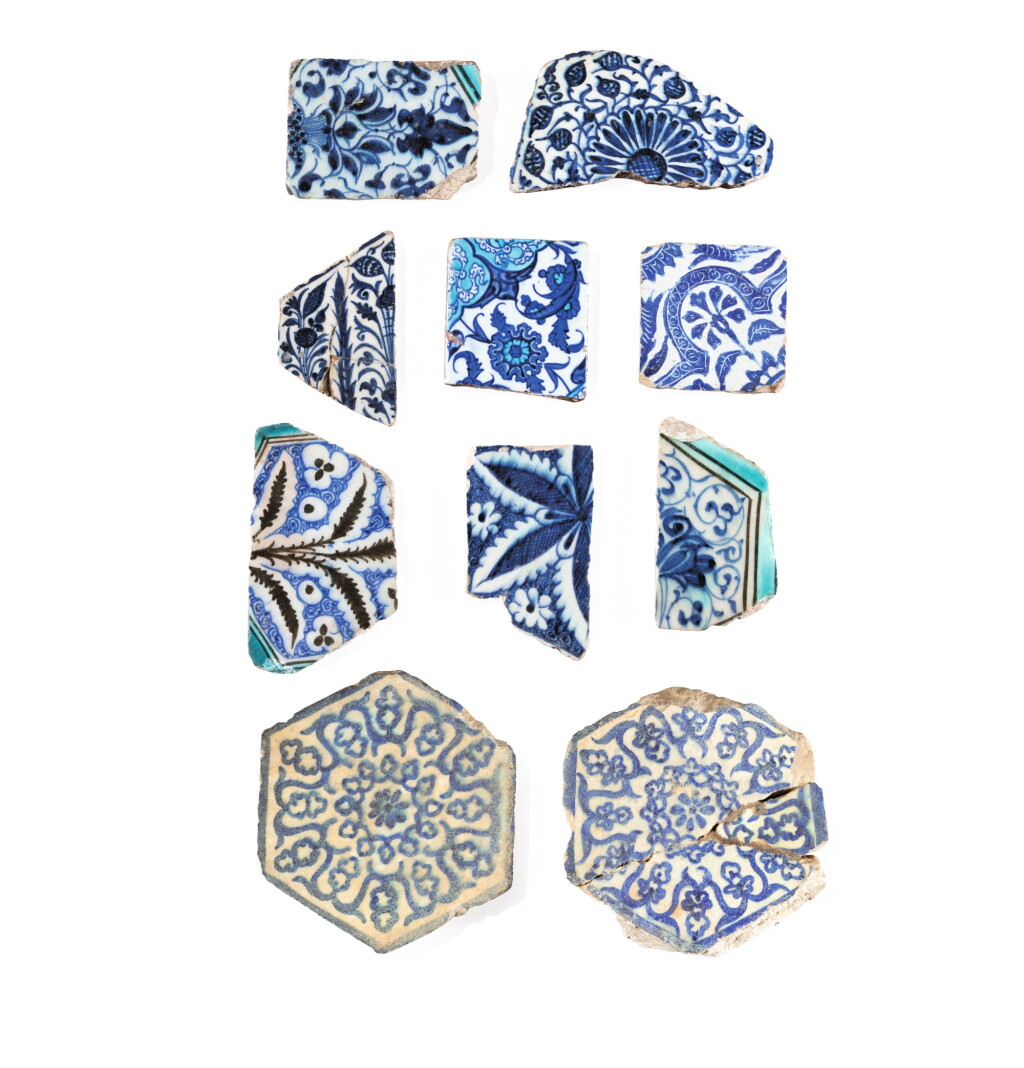 View full screen - View 1 of Lot 129. Ten Pottery Tile Fragments, Mamluk, Ottoman, Timurid and European, 15th-18th centuries.