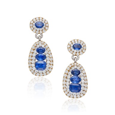 View full screen - View 1 of Lot 340. Pair of Sapphire and Diamond Pendant-Earclips.
