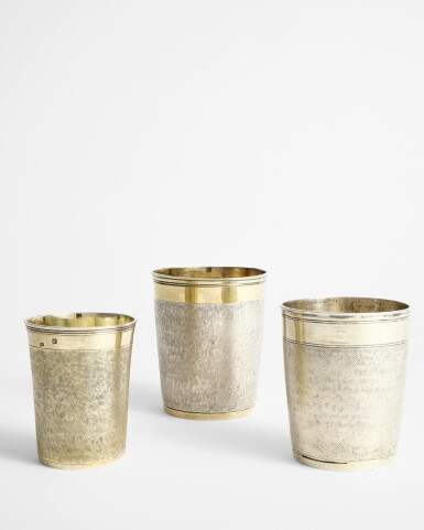 View full screen - View 1 of Lot 693. Three German Parcel-Gilt Silver Beakers, Nuremburg and Frankfurt, 17th - 18th Century.