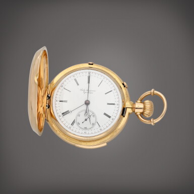 View full screen - View 1 of Lot 547. A yellow gold minute repeating split second chronograph hunting cased watch | Circa 1890.
