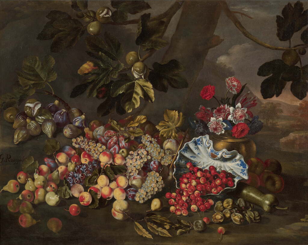 View full screen - View 1 of Lot 61. Still life of pears, apples and figs, with cherries in a blue and white porcelain dish together with a bunch of flowers in a gilt bowl in a forest landscape.