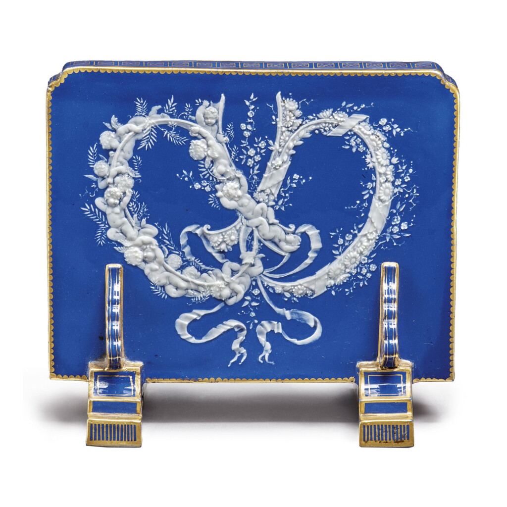 View full screen - View 1 of Lot 248. A MINTONS PÂTE-SUR-PÂTE PEACOCK-BLUE-GROUND COMMEMORATIVE PAPERWEIGHT 1878.