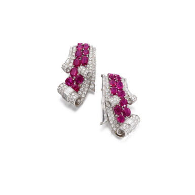 View full screen - View 1 of Lot 255. Pair of ruby and diamond clips, 1950s | 紅寶石配鑽石別針,1950年代.