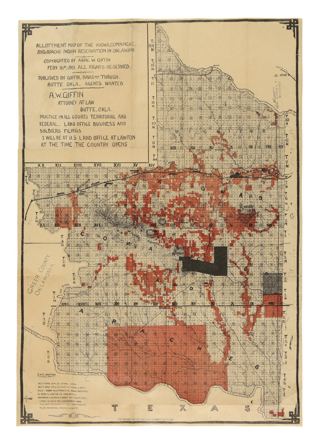 View full screen - View 1 of Lot 179. GIFFIN, ABIAL W. | Allotment Map of the Kiowa, Comanche and Apache Indian Reservation in Oklahoma. Butte, Oklahoma: Published by Giffin, Davis and Thrush, 1901.