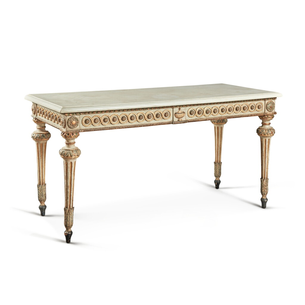 View full screen - View 1 of Lot 185. An Italian Neoclassical Parcel Gilt and Polychrome Painted Wood Console Table, Circa 1790.