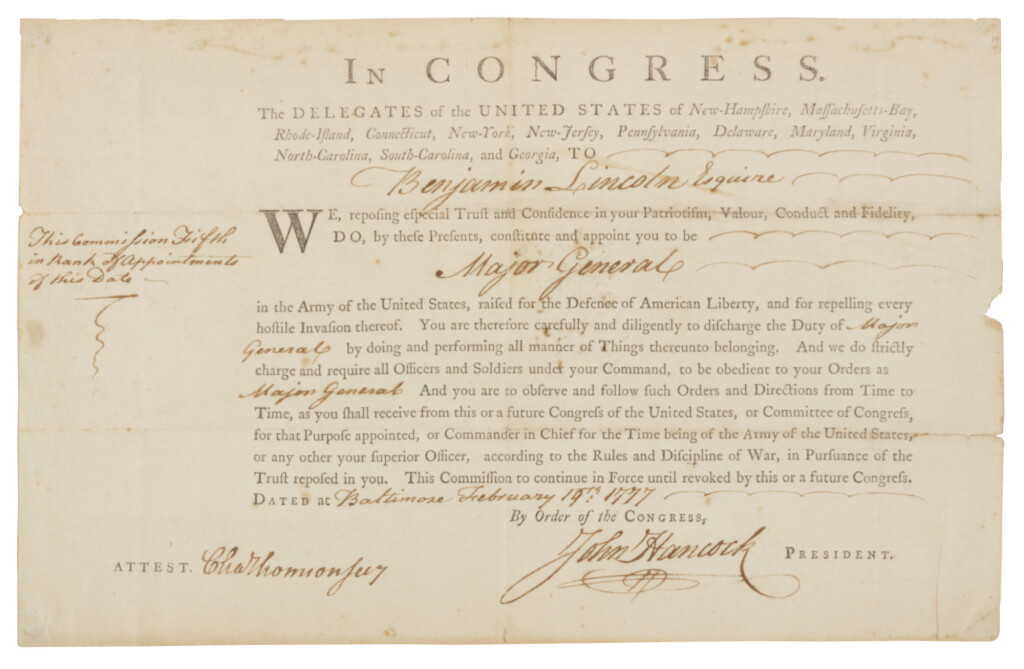 View full screen - View 1 of Lot 50. HANCOCK, JOHN, & BENJAMIN LINCOLN | Benjamin Lincoln's Commission as Major General, signed by John Hancock ("John Hancock" with paraph) as President of Congress, 19 February 1777.