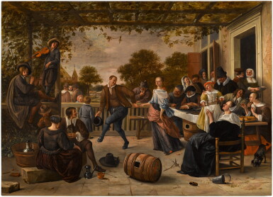 View full screen - View 1 of Lot 11. ‘The Dancing Couple’: a terrace with a couple dancing to a pipe and fiddle, peasants eating and merrymaking behind .