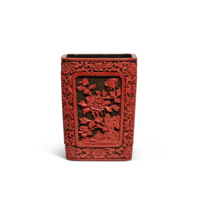 View full screen - View 1 of Lot 208. A carved cinnabar lacquer brushpot, Qing dynasty, 18th century | 清十八世紀 剔紅花卉紋筆筒.