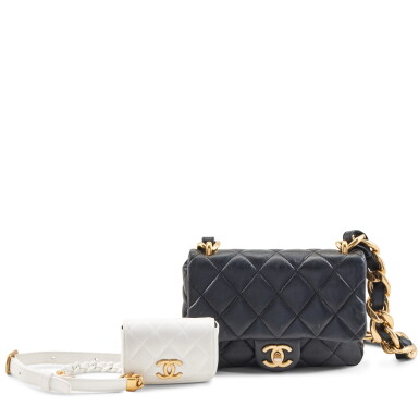 View full screen - View 1 of Lot 171. Set of Two: Black Quilted Lambskin Funky Town Mini Square Flap Aged Gold Hardware, 2022 and White Quilted Lambskin Micro Waist Bag Aged Gold and White Enamel Hardware, 2022.
