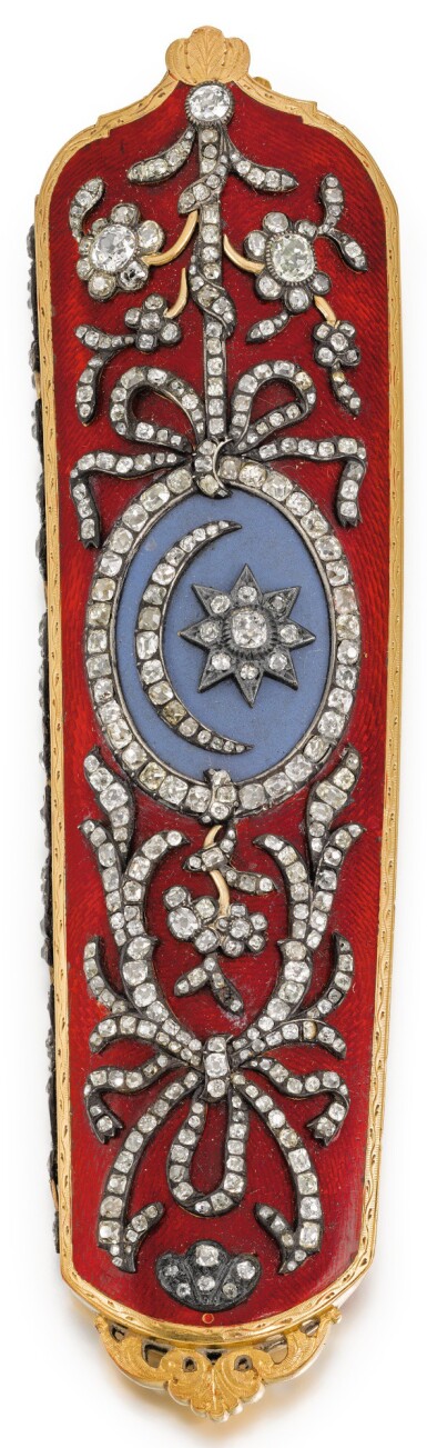 View full screen - View 1 of Lot 488. A DIAMOND-SET AND ENAMELLED SWORD SCABBARD CHAPE FEATURING THE ORDER OF THE CRESCENT OF SULTAN SELIM III (R.1789-1807), SWISS FOR THE OTTOMAN MARKET, CIRCA 1799 .