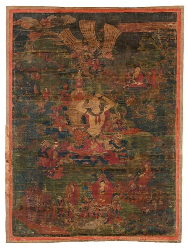 View full screen - View 1 of Lot 68. A rare thangka depicting Prince Siddhartha Tibet, 17th- 18th century | 西藏 十七至十八世紀 悉達多太子塔前削髮唐卡 設色布本.