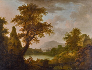 View full screen - View 1 of Lot 195. Lake scene with a cottage and a group of figures.